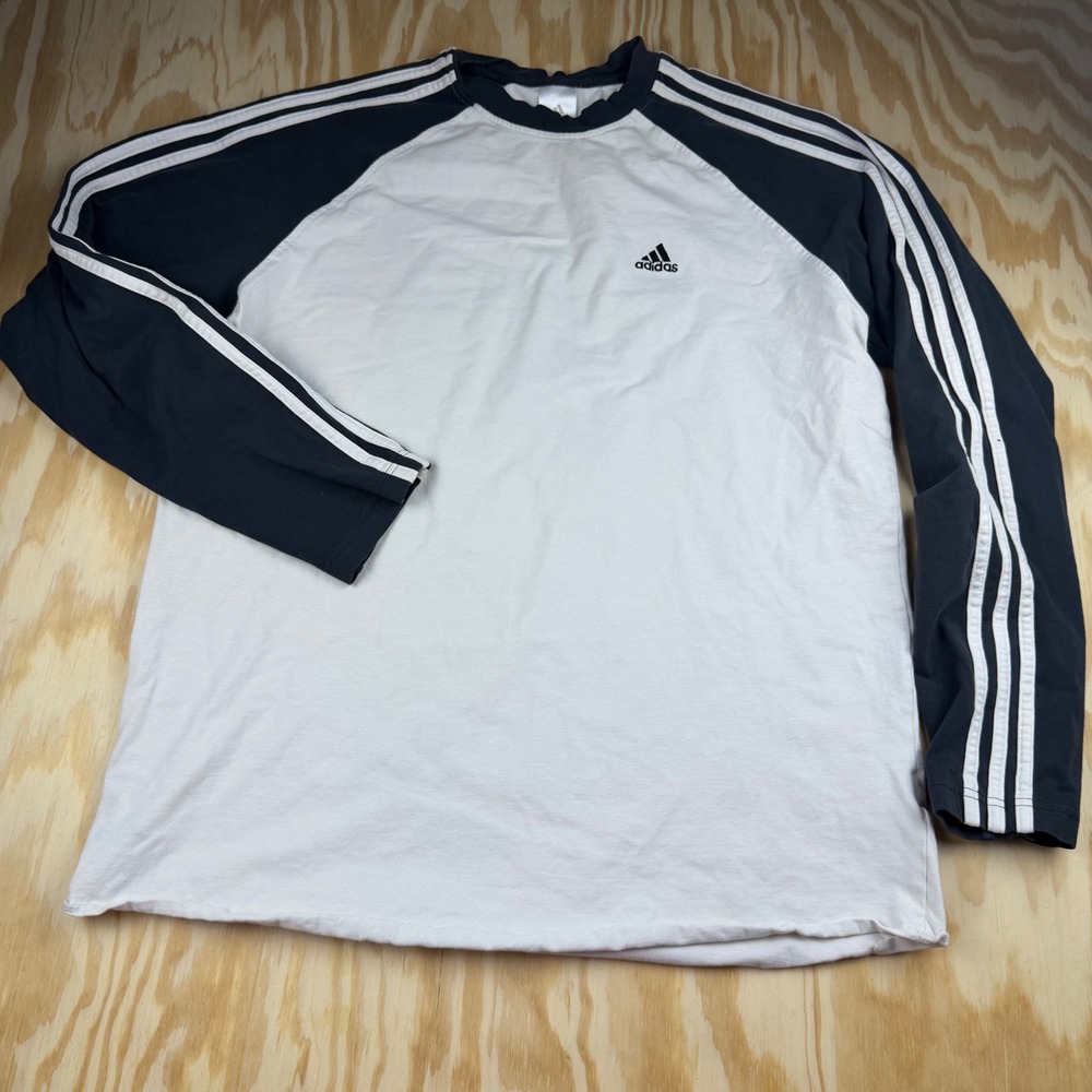 Y2K Adidas Mens Long Sleeve Raglan Shirt White Black 3-Stripe Logo 107944 Size M